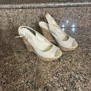 Nine West Natural Canvas Peep Toe Cork Wedge Slingback Sandals